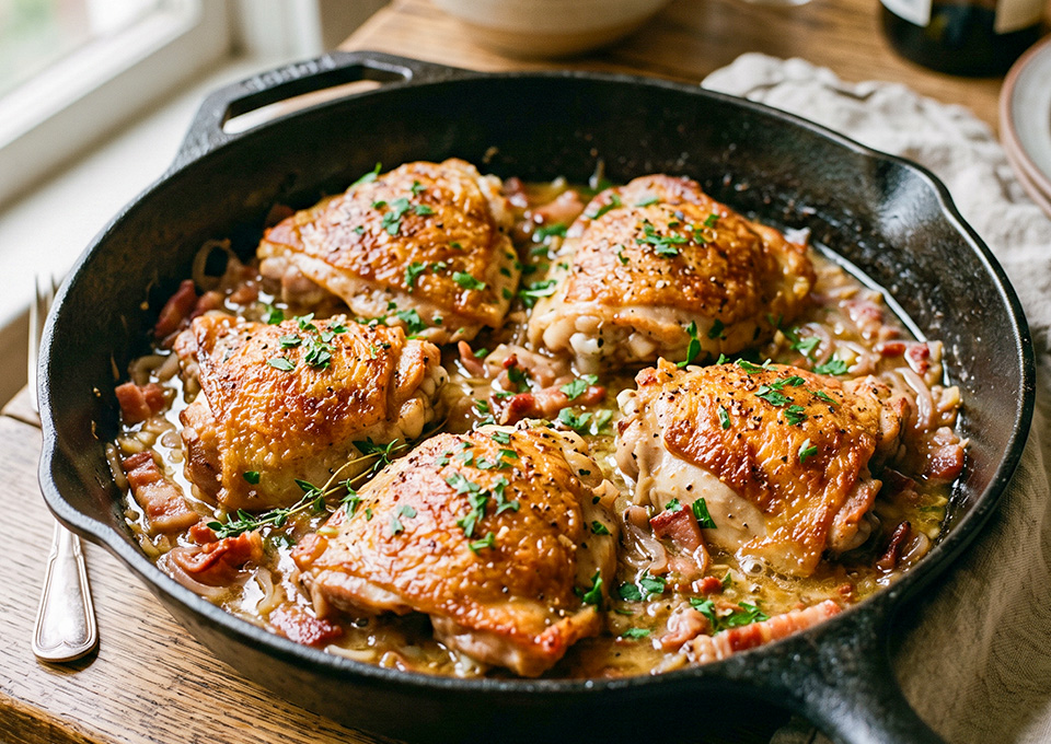 Z Skillet Chicken with Bacon and White Wine Sauce